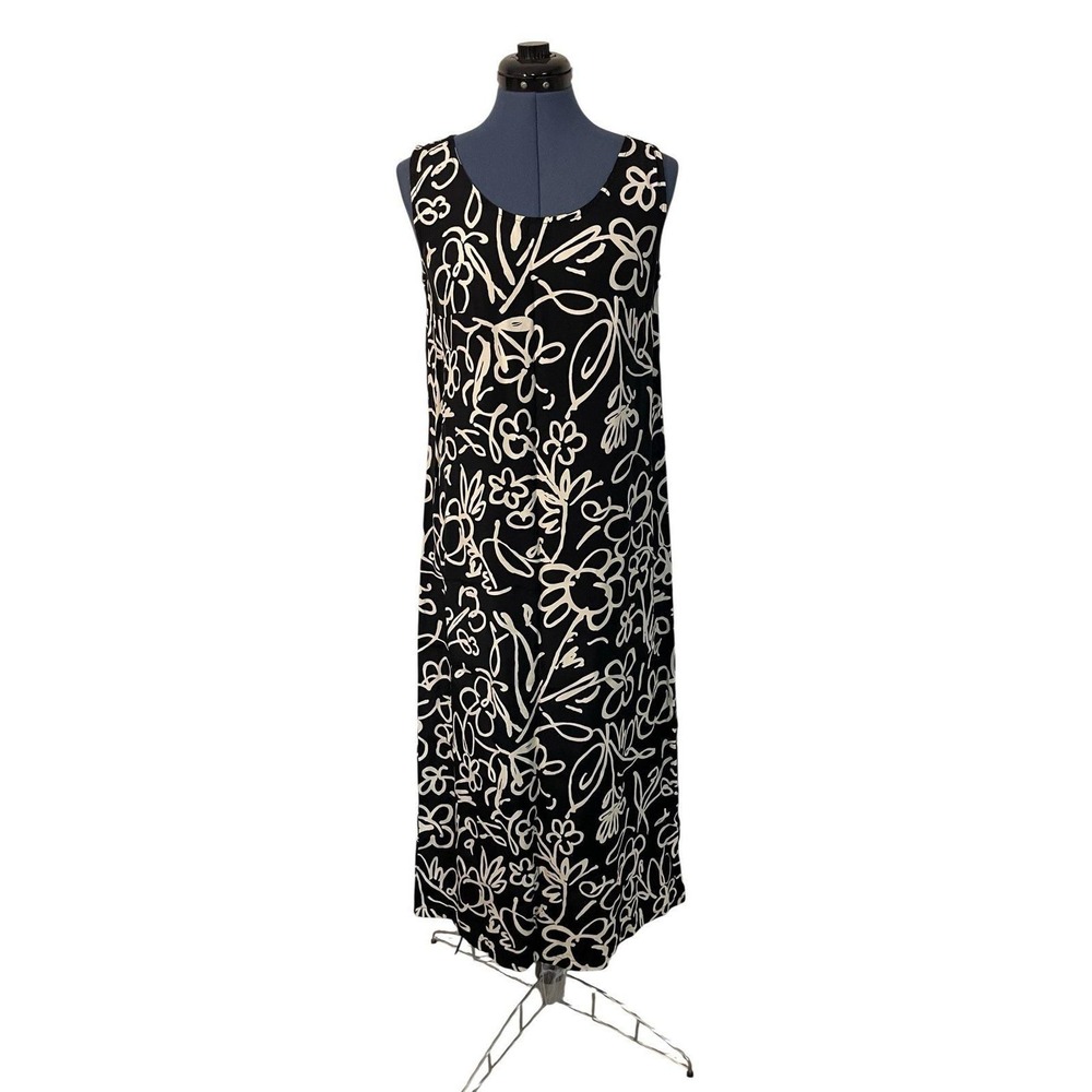 Vtg Big Hed Designs Black‎ Beige Floral Graffiti Maxi Dress Boho Cover Up S USA